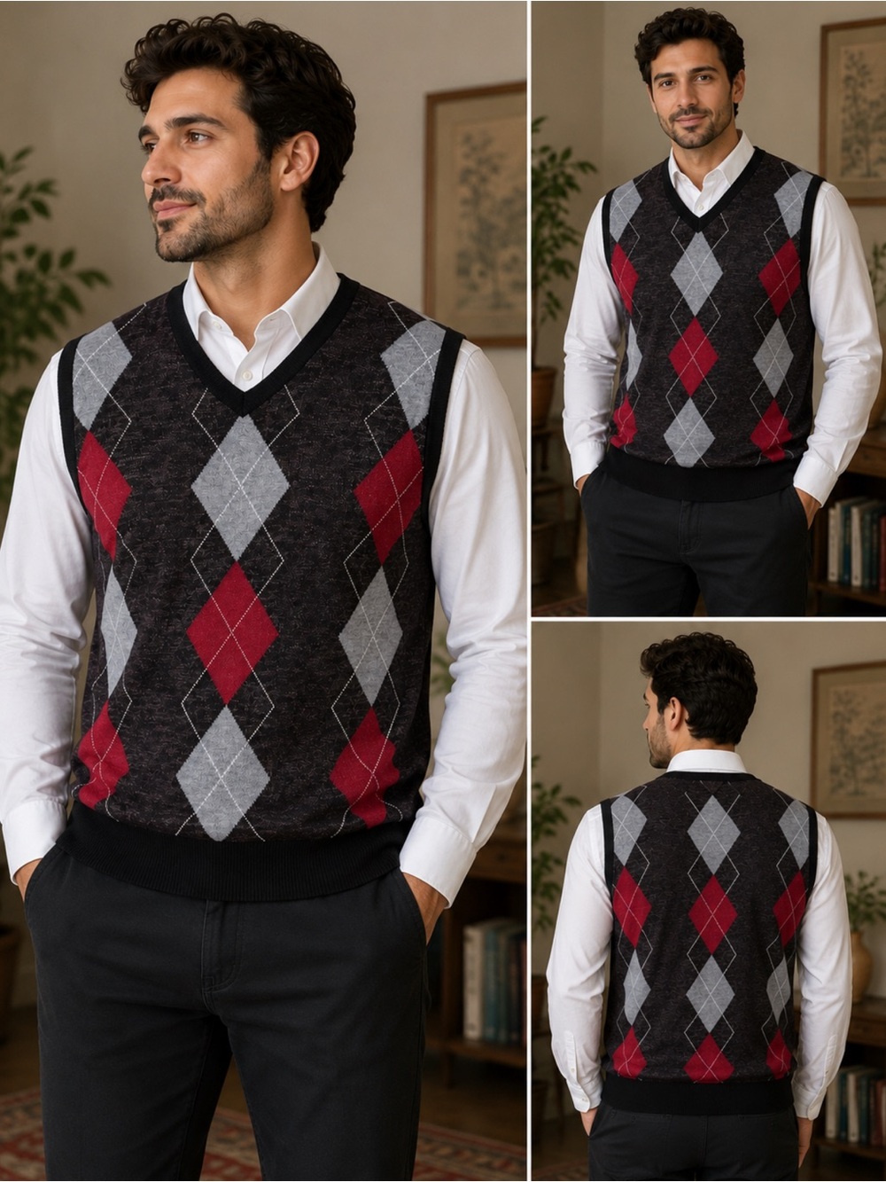 Leonardo Gavino V-Neck Sweater Vest in Charcoal, Gray & Red